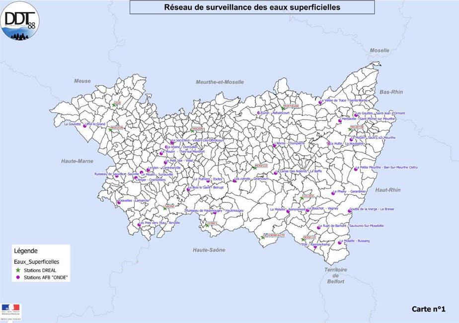 Carte du réseau des eaux superficielles dans les Vosges